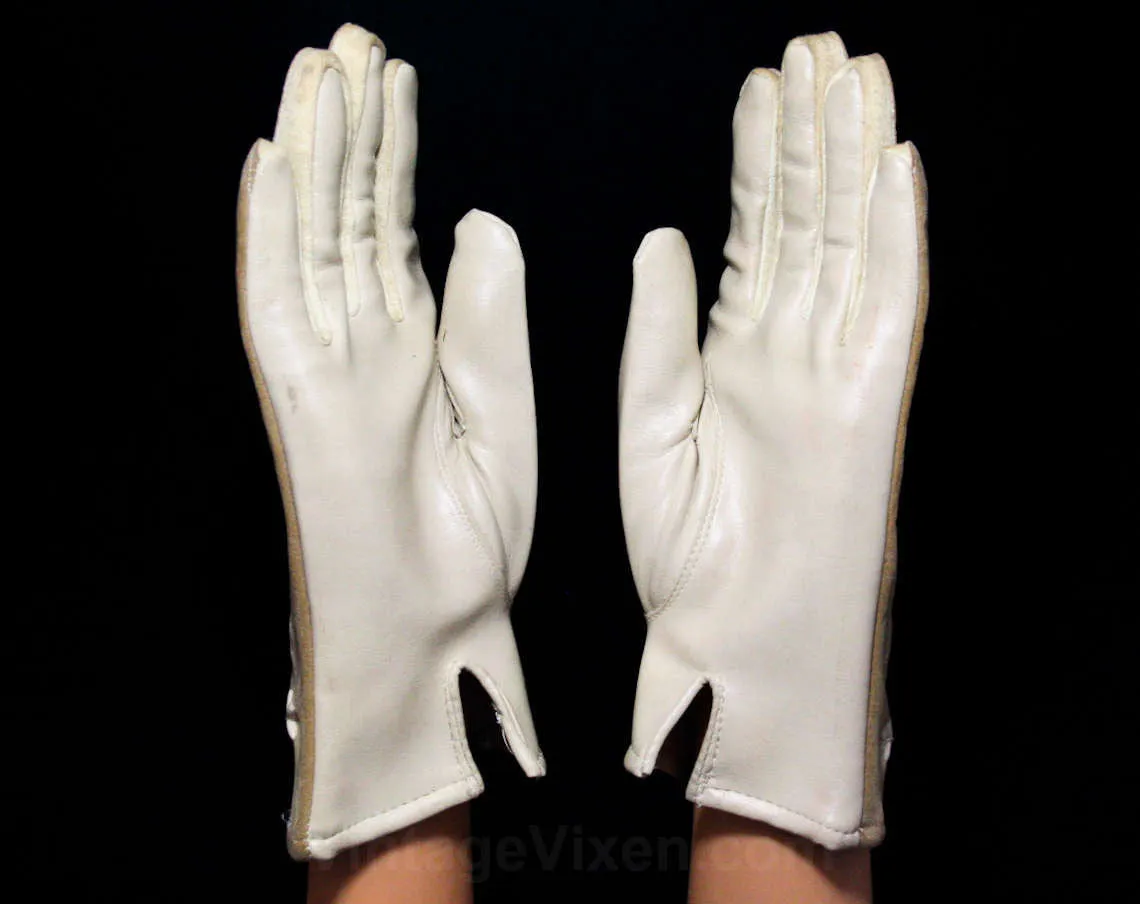 1960s Taupe Vinyl Gloves with Four Leaf Accents - Pair Beige Neutral Gloves - Faux Leather & Cotton Jersey Knit - Marked 6 1/2 to 7 1/2