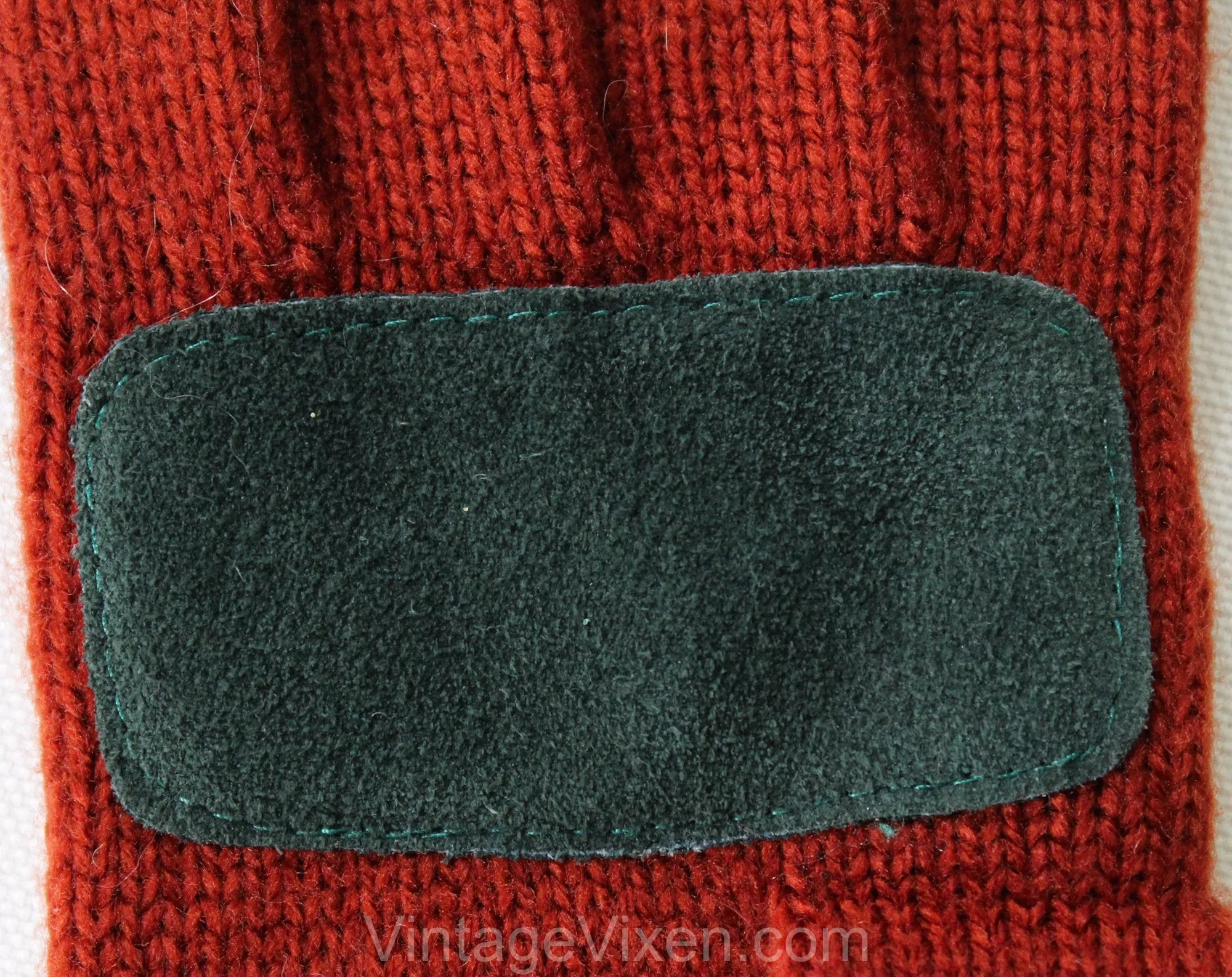 1970s Autumn Suede Gloves - Pair Rust Brown Knit & Sueded Leather Gloves - Forest Green and Tan Color Block - 70s Fall Mitten Style Knit