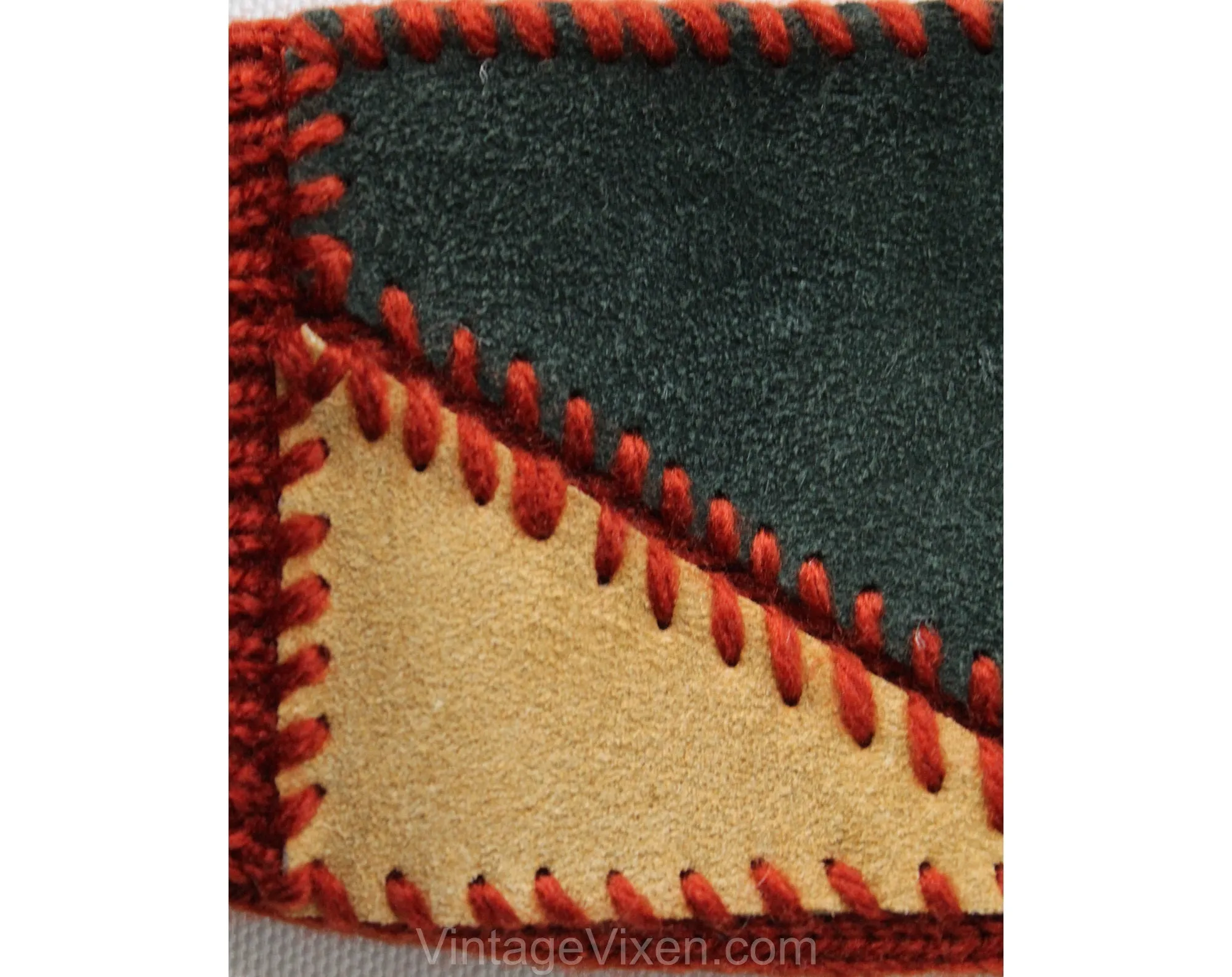 1970s Autumn Suede Gloves - Pair Rust Brown Knit & Sueded Leather Gloves - Forest Green and Tan Color Block - 70s Fall Mitten Style Knit