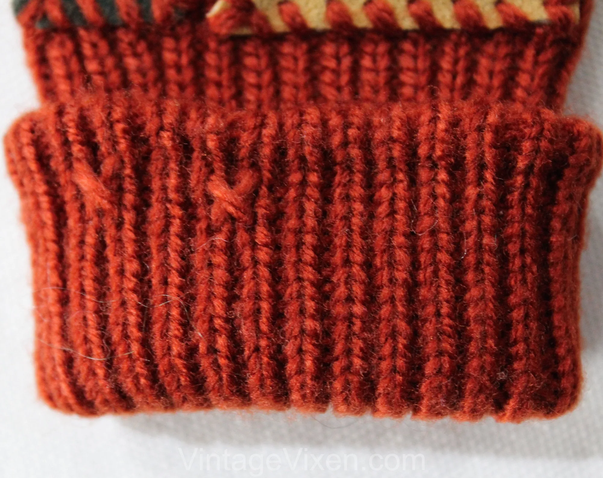1970s Autumn Suede Gloves - Pair Rust Brown Knit & Sueded Leather Gloves - Forest Green and Tan Color Block - 70s Fall Mitten Style Knit