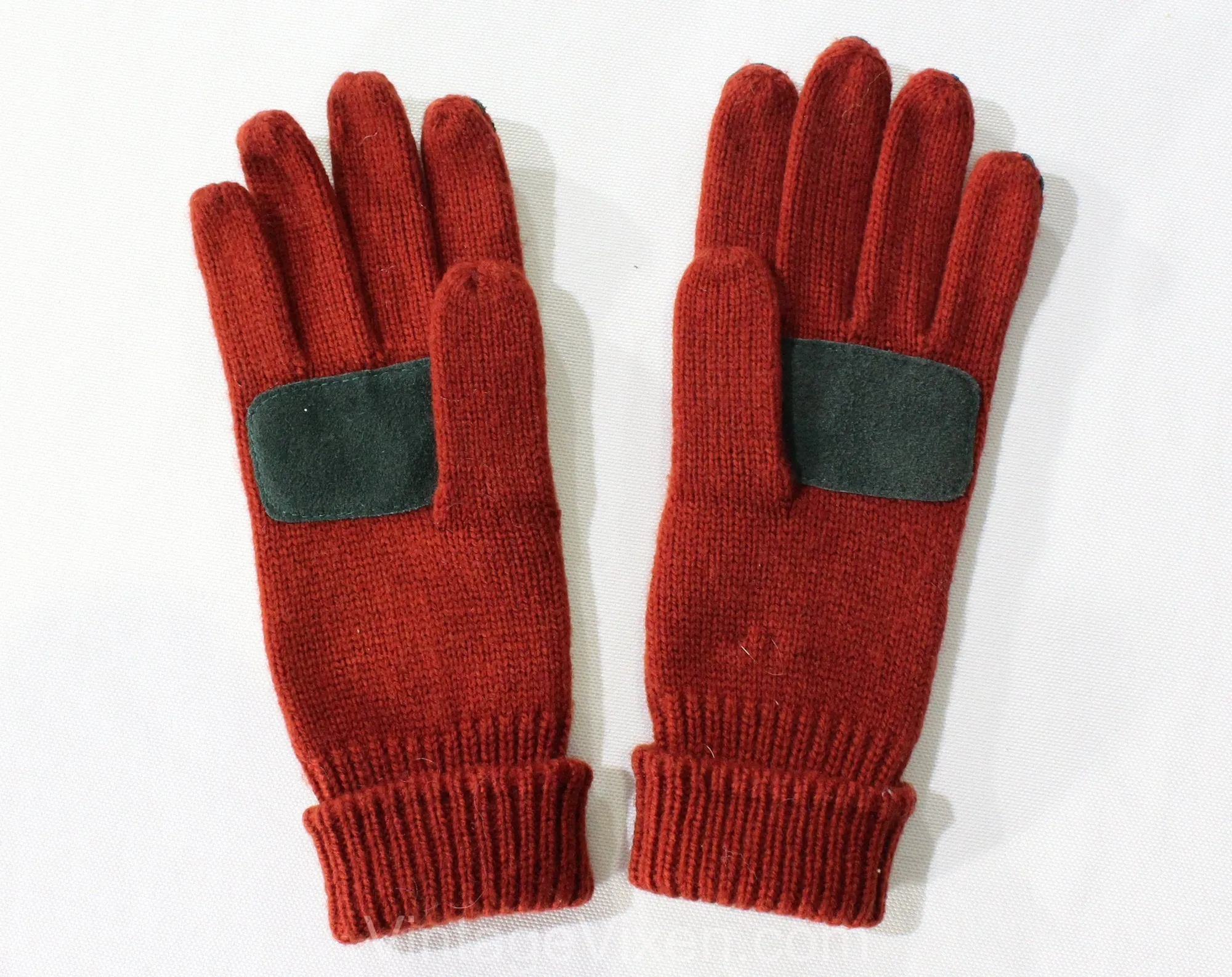 1970s Autumn Suede Gloves - Pair Rust Brown Knit & Sueded Leather Gloves - Forest Green and Tan Color Block - 70s Fall Mitten Style Knit