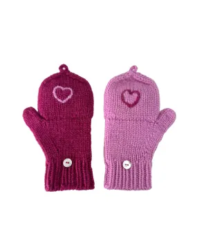 Kids Cashmere Hobo Gloves with hearts in Berry and Azalea