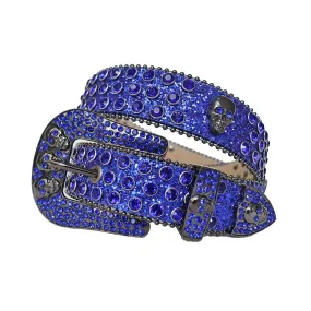 Rhinestone Blue Belt With Blue Glitter Strap and Skull Buckles