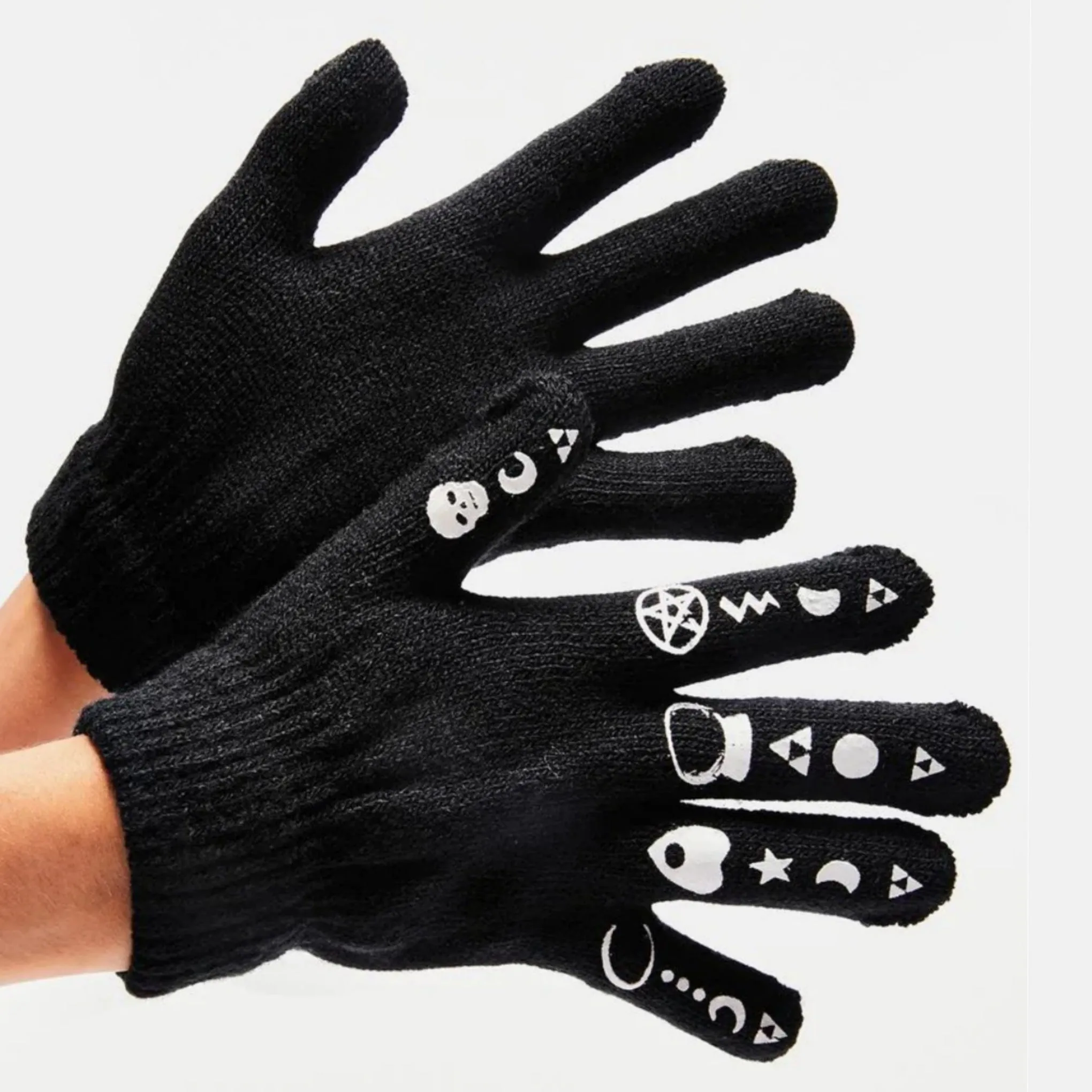 Witchy Symbols Gloves | Black White Cozy Waffle Knit
